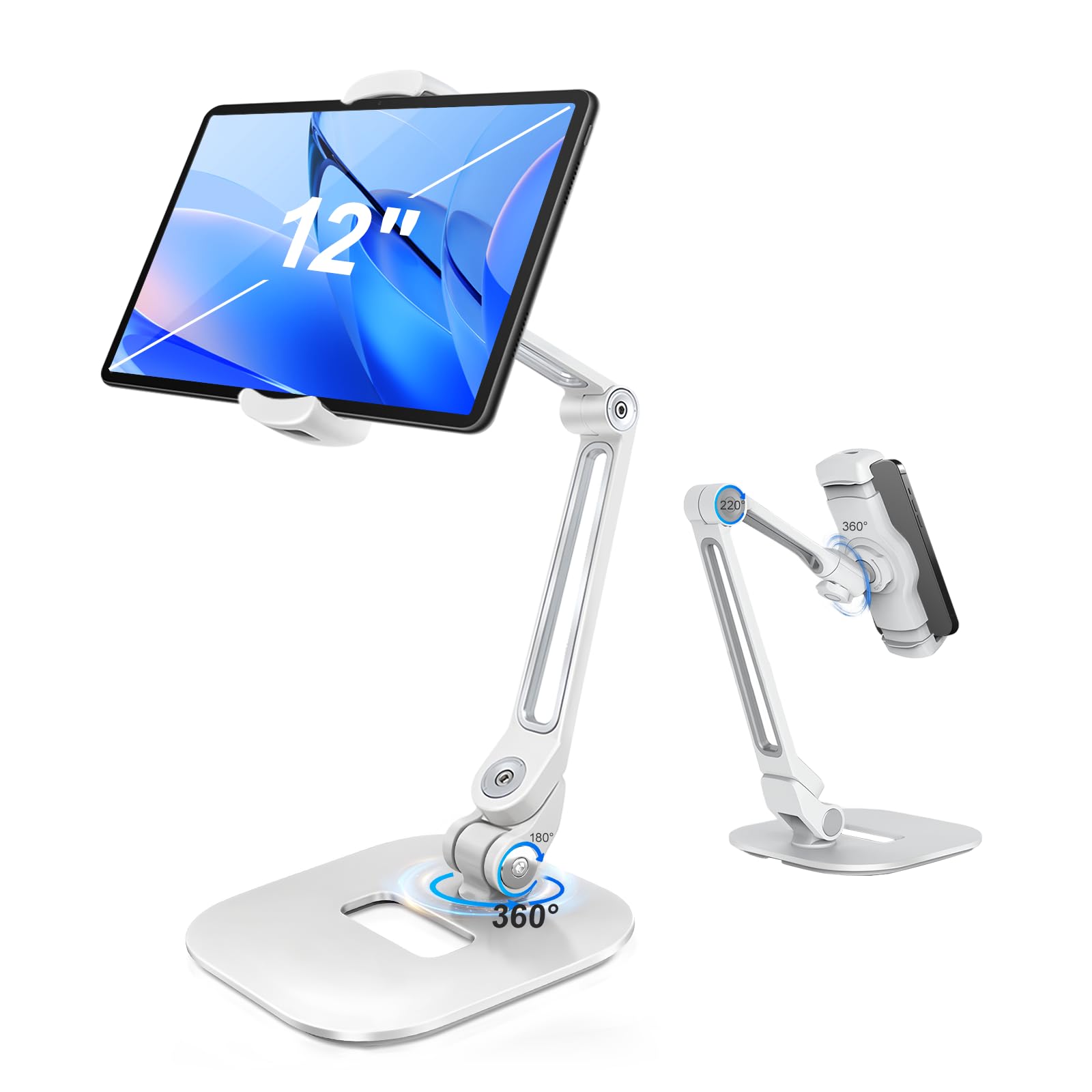 Soporte de aleación de aluminio ajustable para tableta, soporte giratorio de 360° compatible con teléfono/tableta de 4.7 a 12.9 pulgadas, iPad, iPhone, Samsung, Kindle, Switch, soporte de