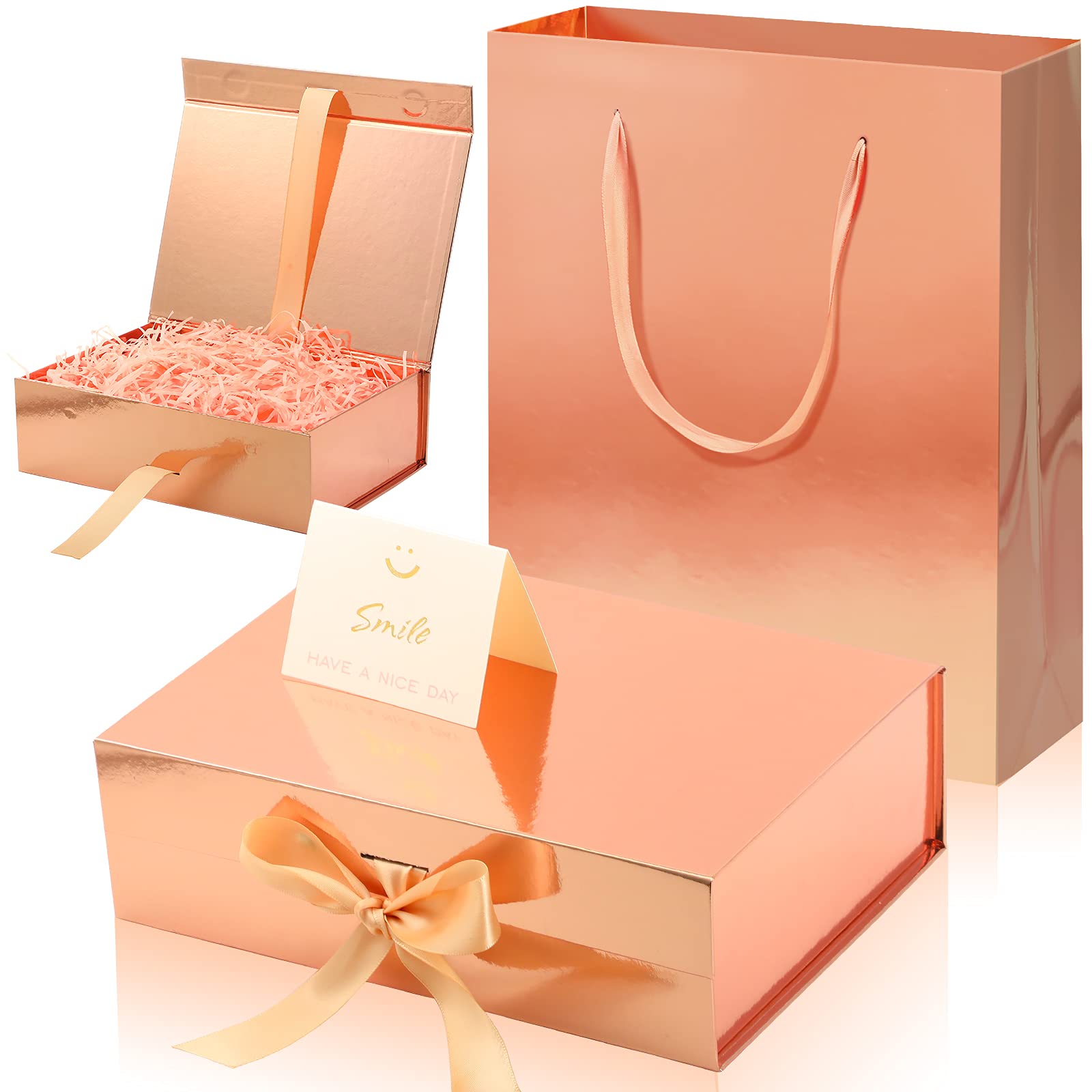 Photo 1 of Zonon Rose Gold Luxury Gift Box with Lid Ribbon Bag and Card, 9x7x3
