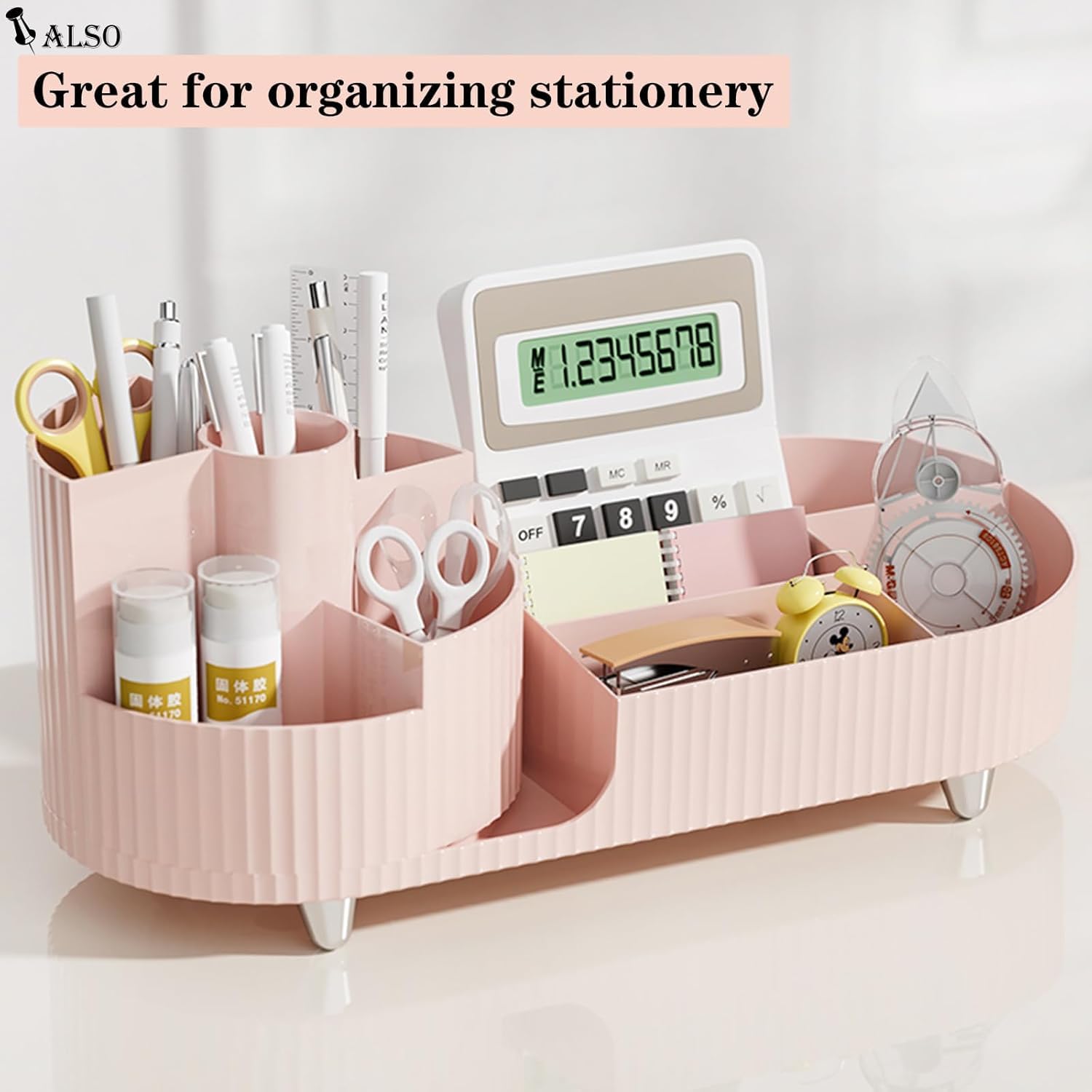 Organizer per trucchi girevole a 360° con porta pennelli, grande capacità, per cosmetici, piano di lavoro, camera da letto (rosa)