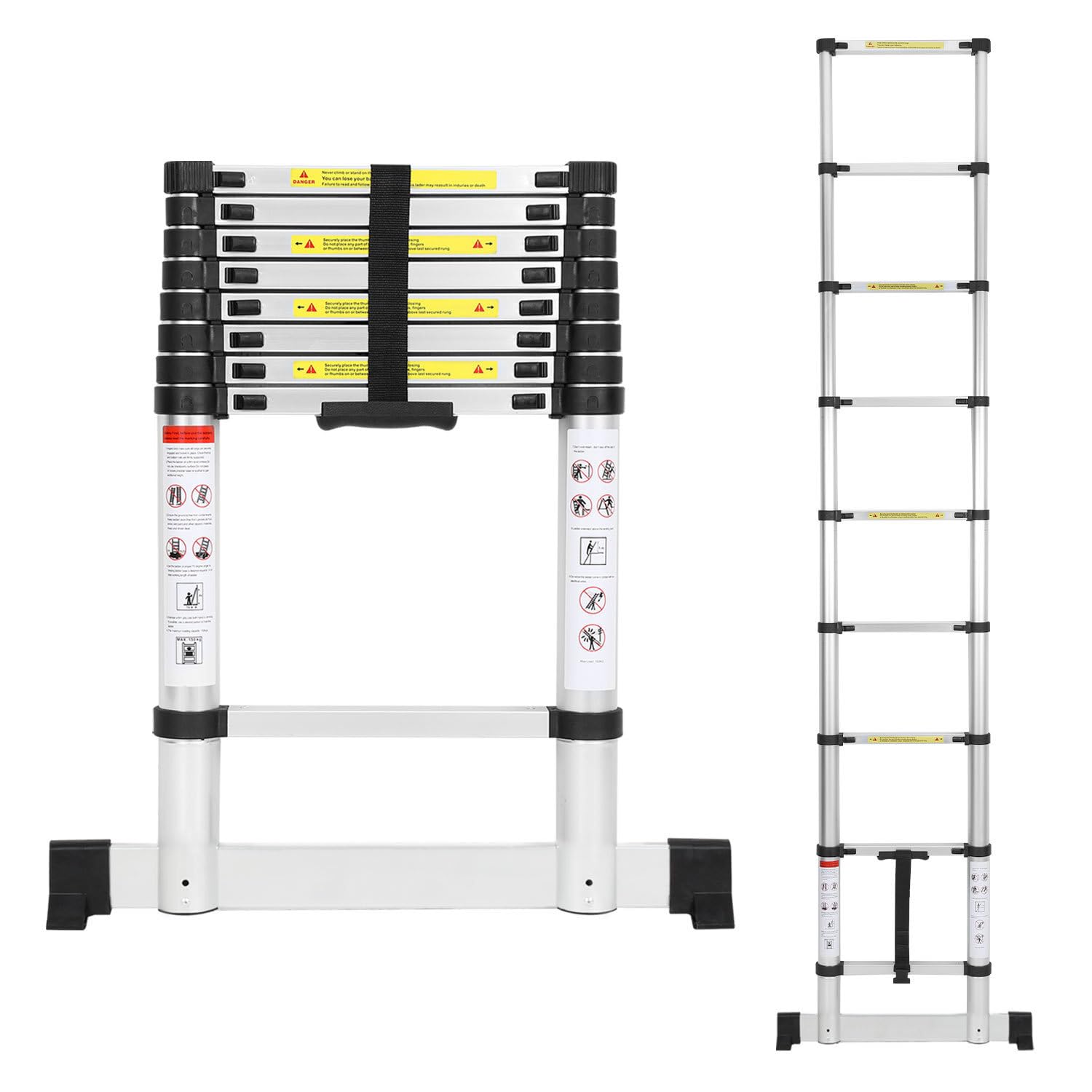 Drabina teleskopowa, 2,6 m, aluminiowa drabina wysuwana ze stabilizatorem, obciążenie 150 kg, antypoślizgowa drabina aluminiowa, drabina stojąca, wielofunkcyjna drabina na strych, do biura