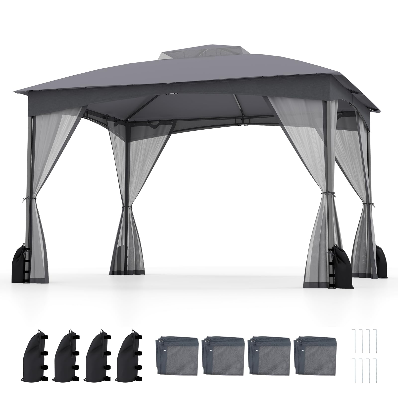 RELAX4LIFE Tonnelle de Jardin Exterieur avec Moustiquaire, Pavillon de Jardin, Protection Solaire, Cadre Métallique, Sacs de Sable, Montage sans Outil, Tente de Reception pour Terrasse Patio (Gris)