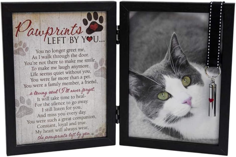 Pawprints Pet Memorial 5" x 7" Frame for Cats with Pawprints Left by You Poem (Frame With Ash Vial) - Beautiful Sympathy Gift to Remember a Beloved Cat - Pet Loss/Bereavement