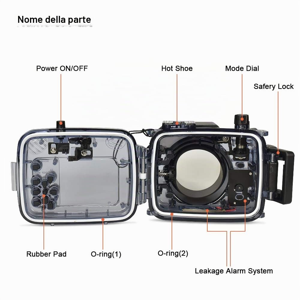 Custodia professionale subacquea per fotocamera, 60 m, custodia impermeabile per Sony RX100I-RX100V, con sistema di allarme perdita, supporto hot shoe, compatibile con obiettivi Fish-Eye da