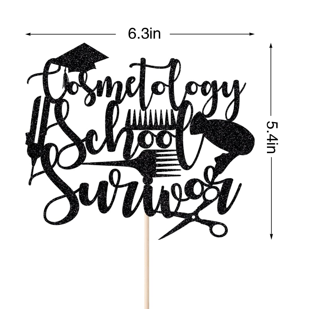 Naicaek Black Glitter Cosmetology School Survivor Cake Topper,Congrats Cosmetology Graduate, Future Hairstylist/Makeup Artist, Class of 2025 Cosmetology Graduation Party Supplies