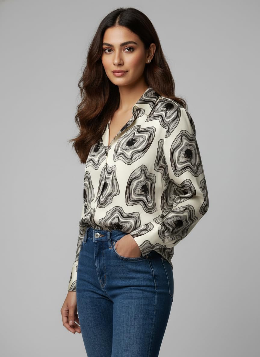 ANNI Designer Bedrucktes Damenhemd aus Baumwollmischgewebe, langärmelig, normale Passform, Hemdkragen, legere Bürokleidung, elegante Western-Kleidung für den Alltag, Hochzeit, Party