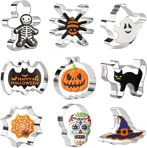 Crethinkaty Cortadores de galletas de Halloween, juego de 9 cortadores de galletas de Halloween, calabaza, fantasma, murciélago, calavera, araña,