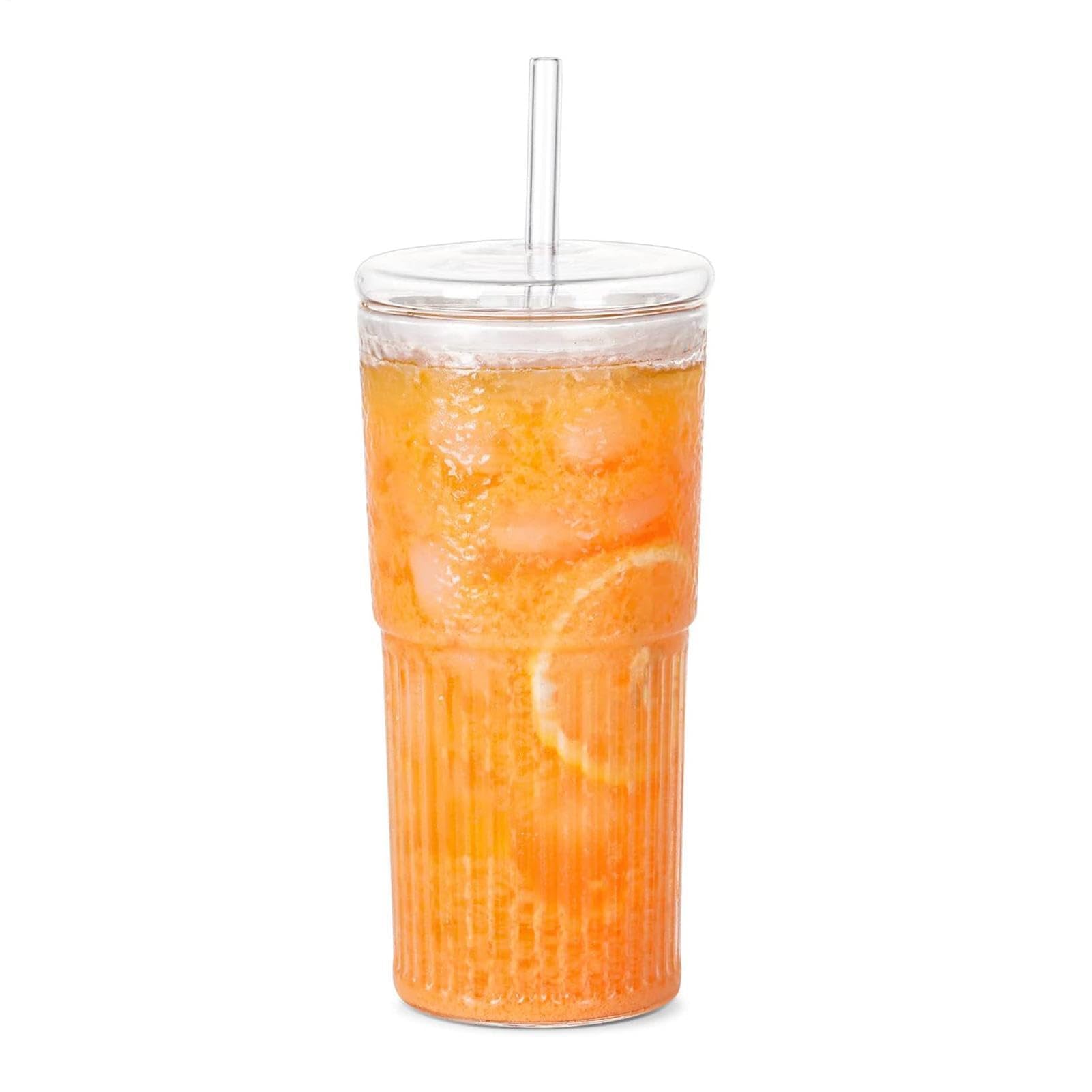 Muiltvoe Iced Coffee Glasses with Lids and Straws, Tumbler Cup with Lids and Straws, Coffee Glass Cup for Bubble Tea, Oatmeal, Juice, Smoothies