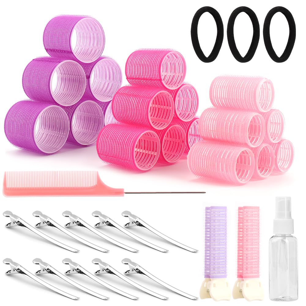 WALLFID Hair Roller Set 37 Pcs, Includes 18 Velcro Curling Irons, 2 Volumizing Clips, 12 Clips, 1 Rat Tail Comb, 1 Spray Bottle & 3 Rubber Bands, for Medium to Long Short Hair, No Heat