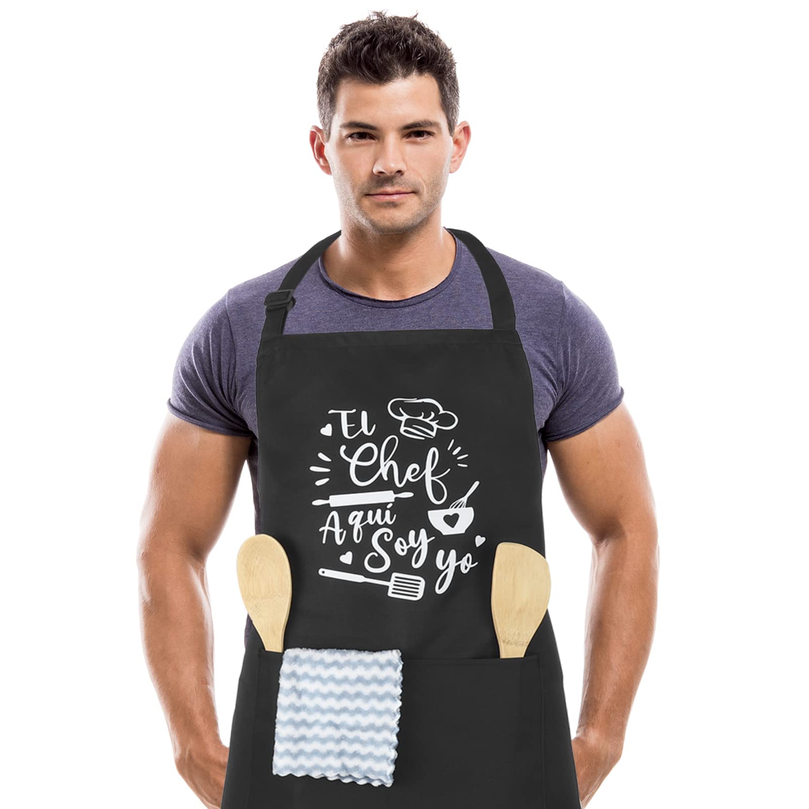 FRIUSATE Delantales Personalizado de Cocina Hombre Mujer,Ajustable Delantales de Cocina con Bolsillo Impermeables Aprons Negro Delantal para Papá, Esposo, Abuelo, Novio