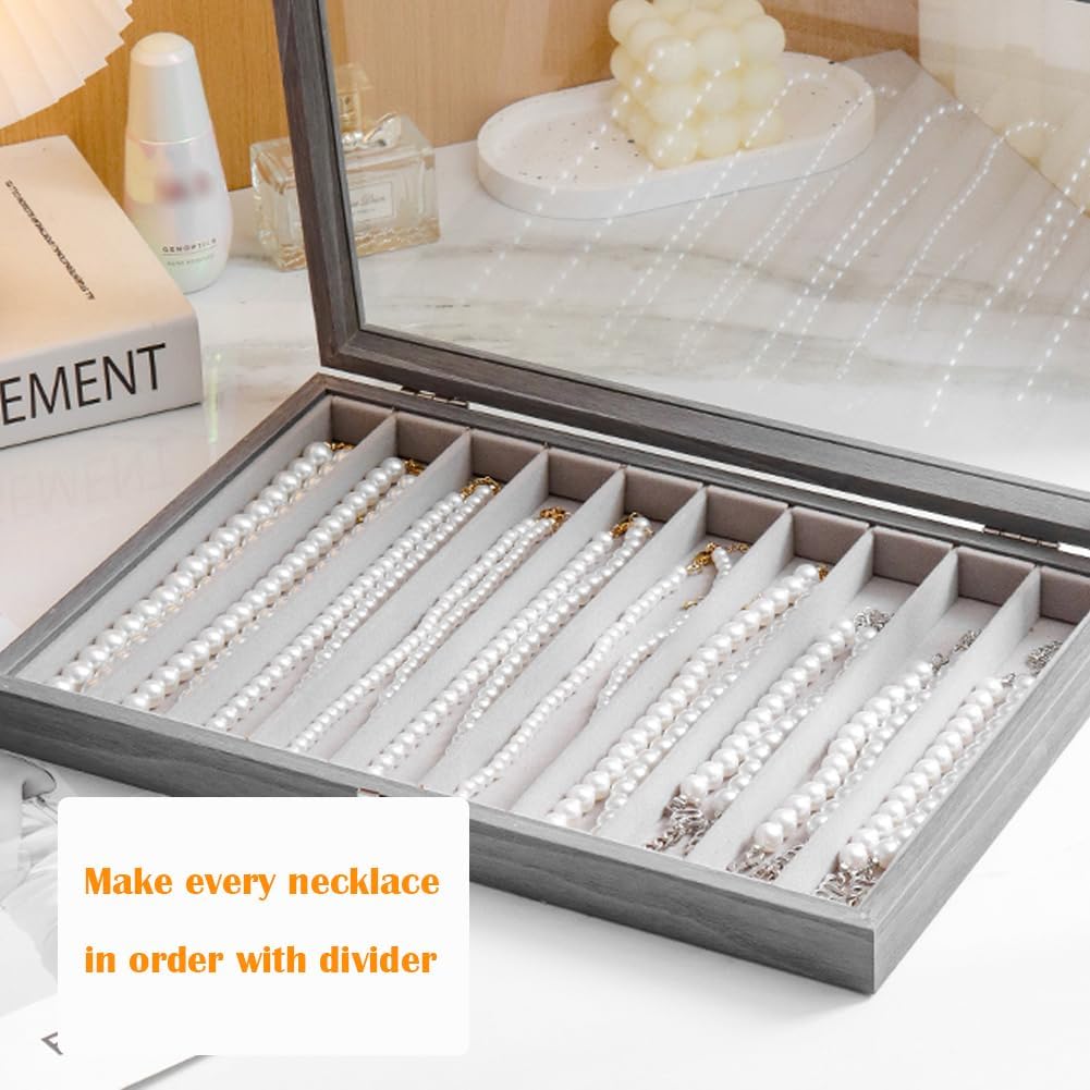 Glass Lid Necklace Organizer Box Transparent Necklace Holder Organizer Velvet Necklace Display Box Clear Lid Jewelry Storage Stackable Necklace Display Case for Women Girls (Grey) - Image 2