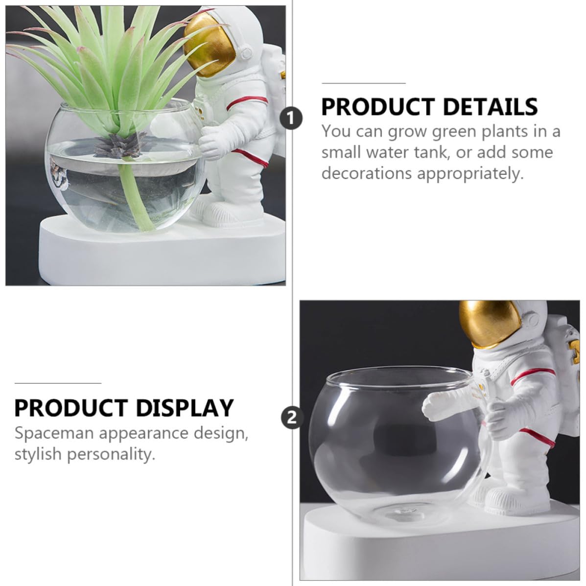 Contenitore Idroponico in Vetro e Resina con Luce LED Astronauta, Decorazione per Piante Succulente e Acquatiche, Porta Fioriere da Interno per Casa e Ufficio