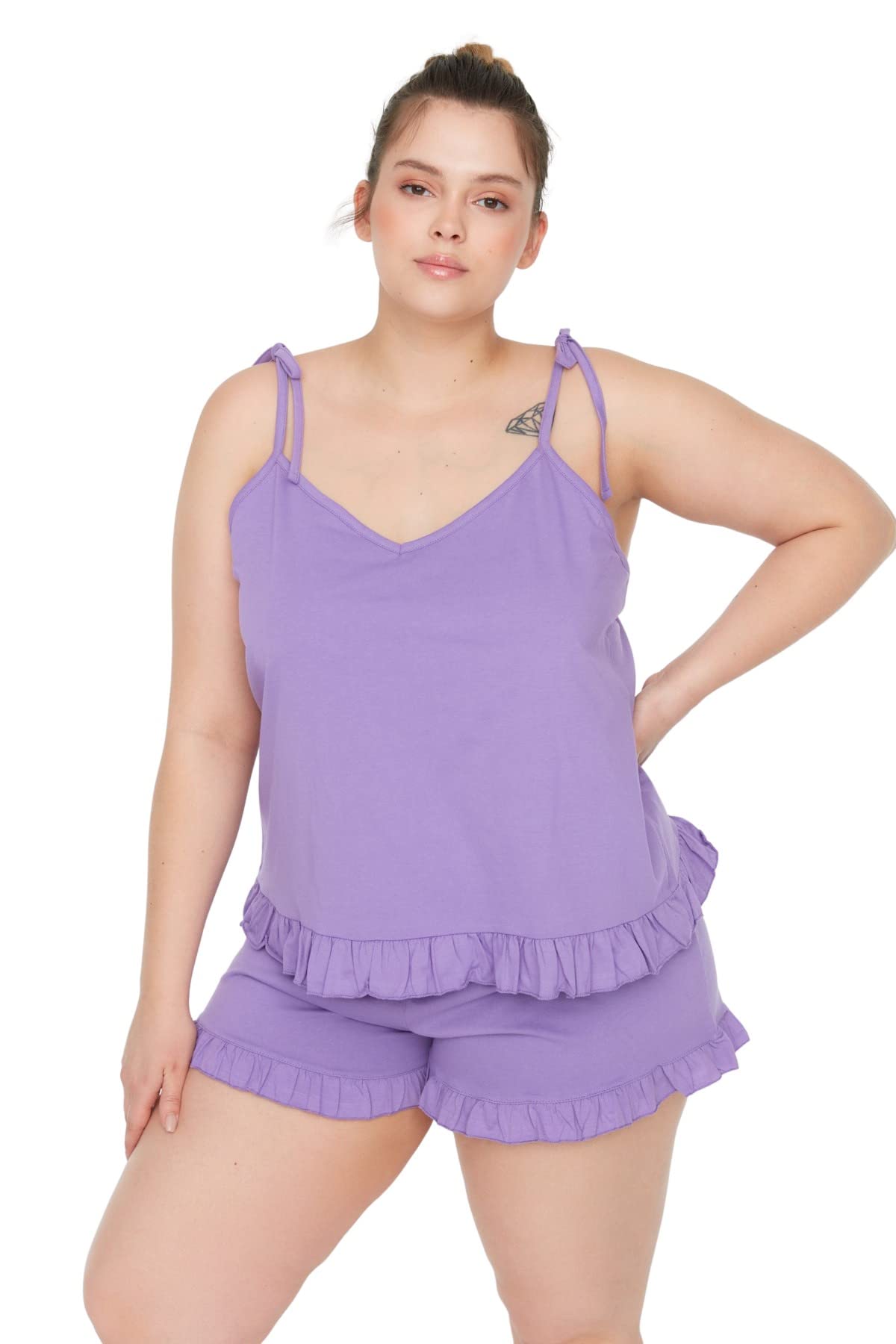 Trendyol Camisola de Punto Liso para Mujer-Conjunto de Pijama de Talla Grande con Pantalones Cortos (Pack de 2)