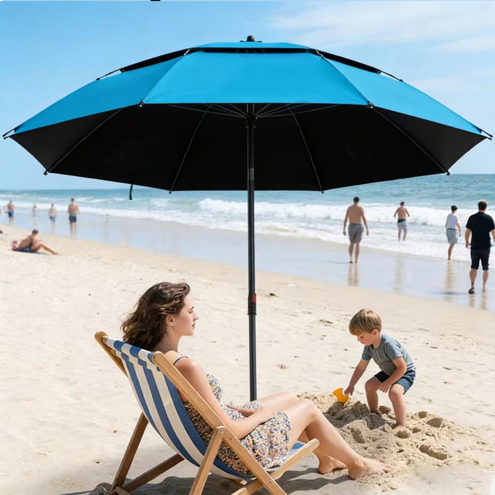 PASLFC Ombrellone da spiaggia, resistente al vento, stabile, girevole a 360°, stecche in fibra di vetro ispessite, protezione UV, isolamento termico, design traspirante a doppio strato, per balcone