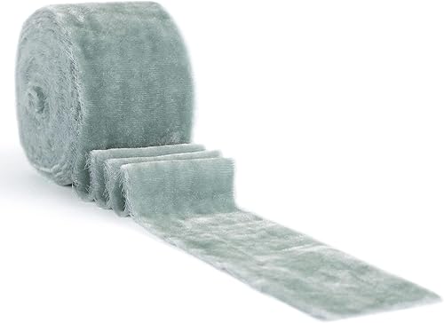 Miniatura 6 de HUIHUANG Cinta de terciopelo azul polvoriento, 2 pulgadas, hecha a mano, cinta de terciopelo de seda deshilachada para ramo de flores, envoltura de