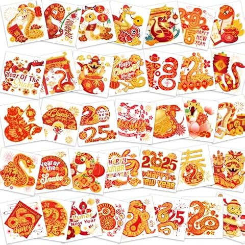 HOWAF 72pcs Chinese New Year Temporary Tattoos,2025 Year of the Snake Face Tattoos Stickers,Red Gold Lunar New Year Fake Tattoos for Spring Festival Decorations,Chinese Tattoos for Boys and Girls Cover
