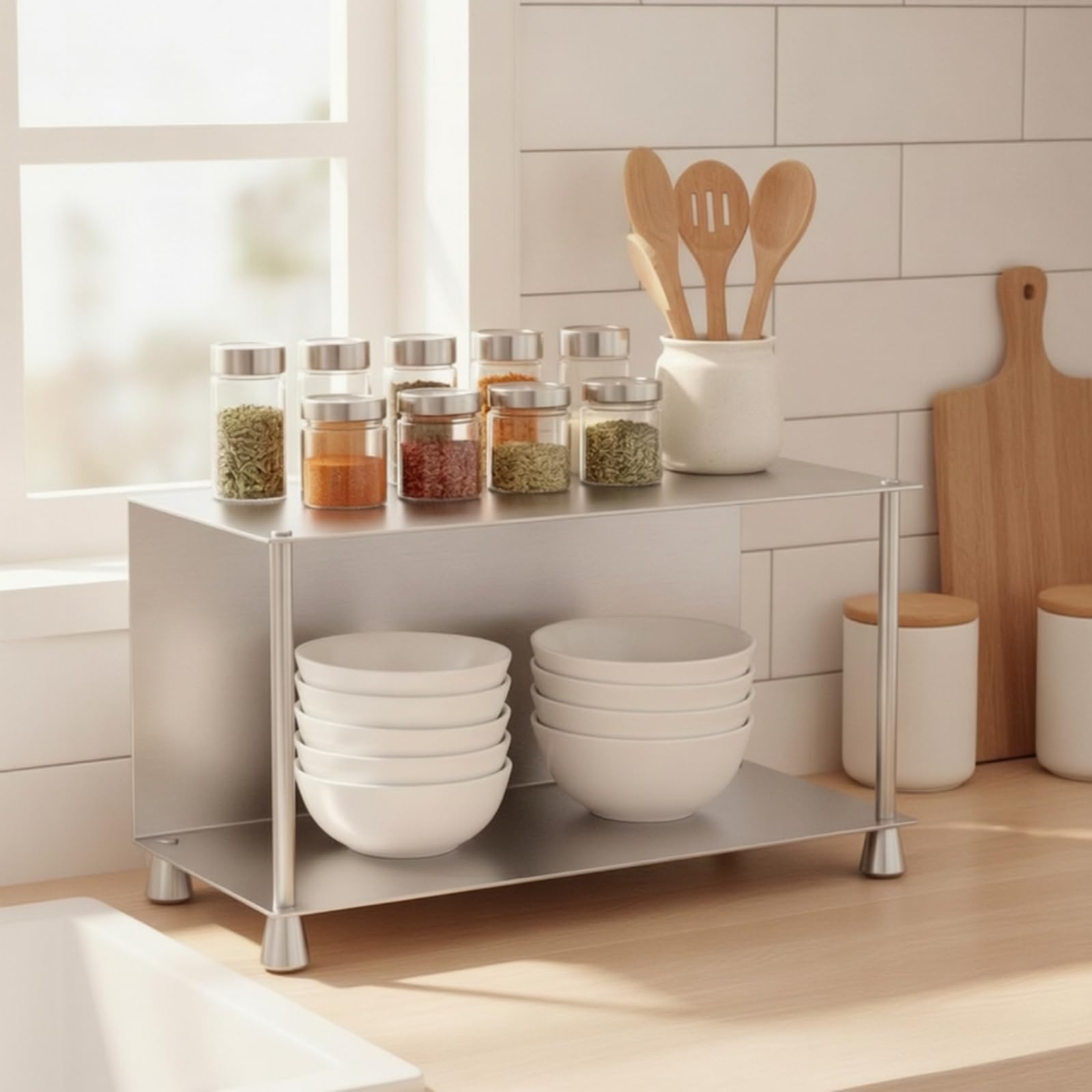 Almacenamiento de Cocina Organizador Repisa Soporte Aprovecha Altura con E Inferior Acero Inoxidable Anticorrosión Pies Estables Fácil de