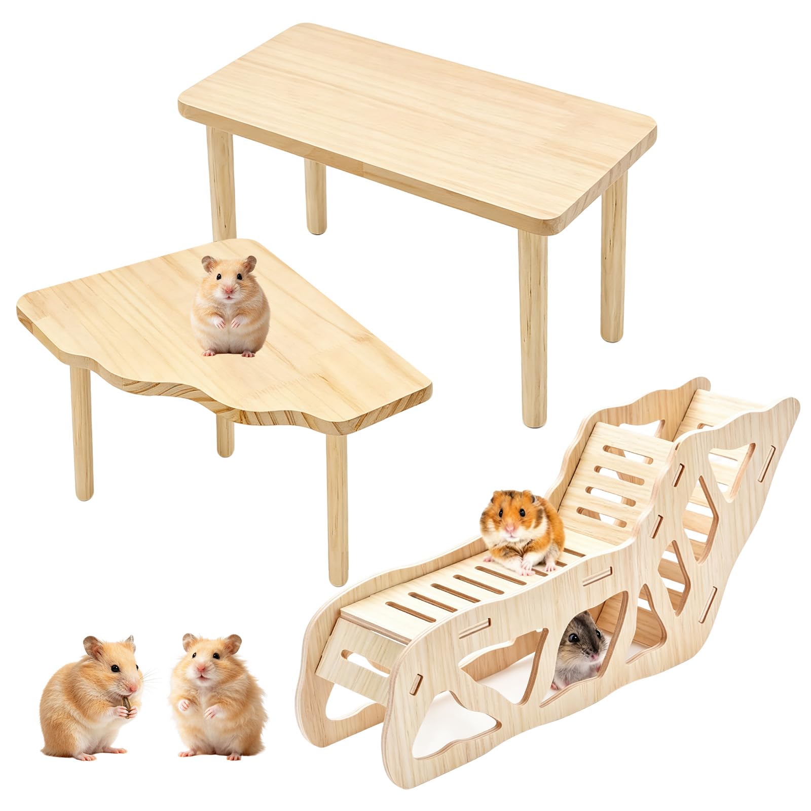 Sayudar Natural Wooden Hamster Platform 3-Piece Set - Wobble-Free Cage