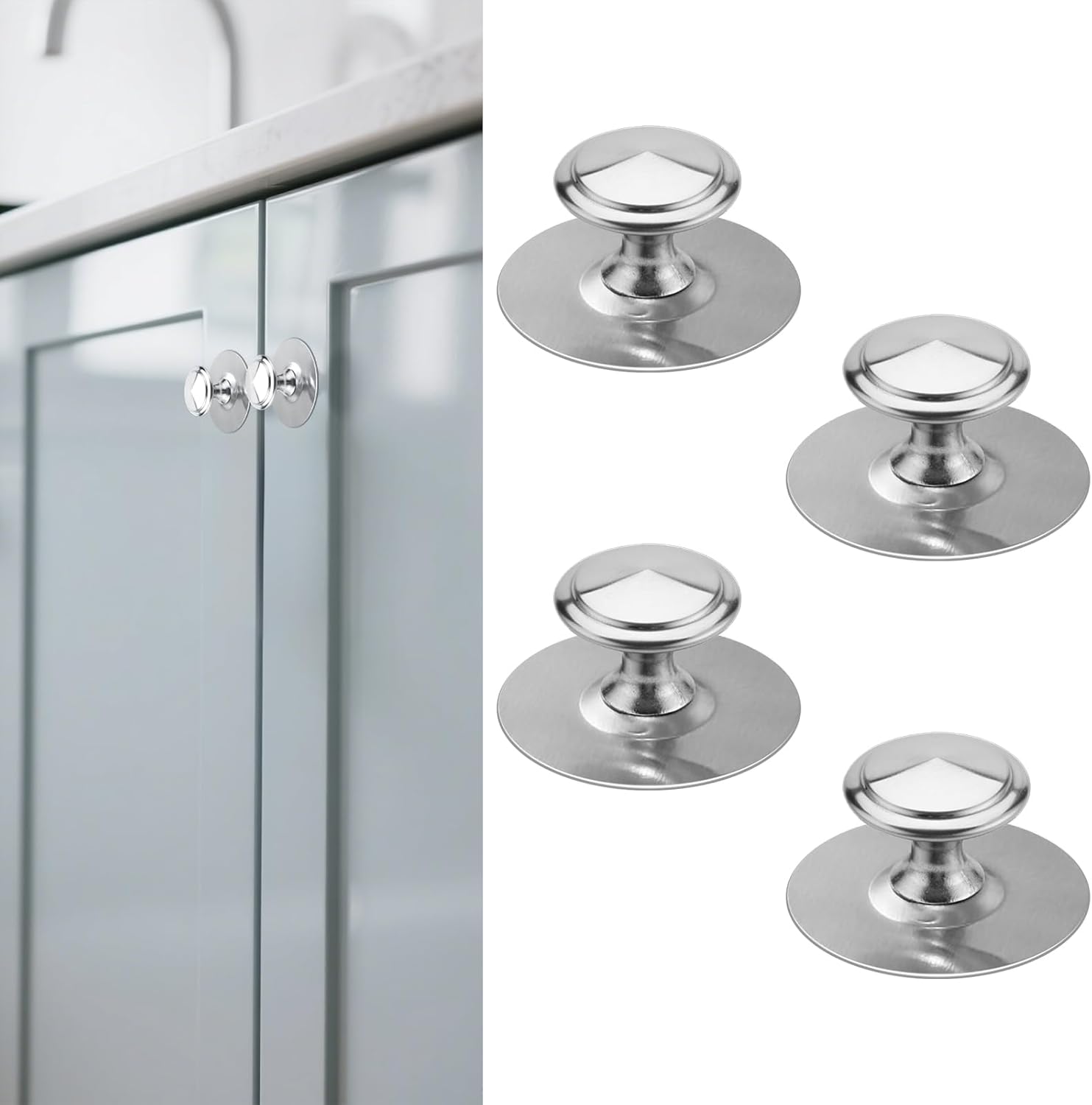 4 Pack Adhesive Cabinet Knobs Silver Stick on Drawer Pulls Stainless Steel Peel and Stick Handles Screwless Cabinet Knobs Sticky Knobs for Closet Dresser Glass Mirror Door