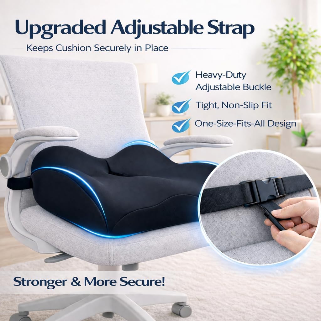 X Large Memory Foam Seat Cushions for Office Chairs, Long Sitting Pressure Relief Ergonomic Office Chair Cushion for Butt Coccyx Tailbone Sciatica, Car Seat Booster for Height (Black)