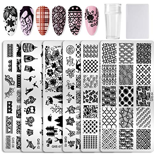 Nail Stamp Plate, 6pcs Rectangle Nail Stamping Plates Kit Flower Leaf Animal Image Nail Art Plate Template with Stamper & Scraper for DIY Print Manicure Template