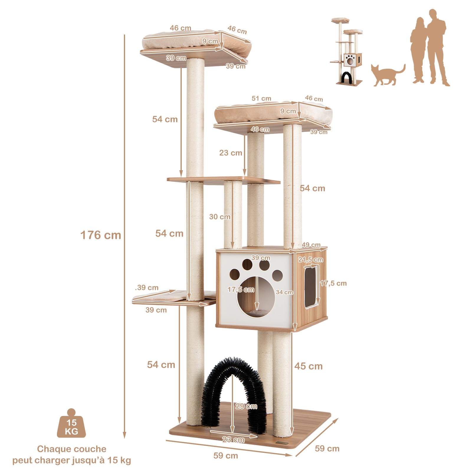 GOPLUS Árbol para Gatos de Madera de XXL 176 CM, Torre para Gatos de 5 Niveles con Poste Rascador de Sisal, Diseño Antivuelco, Árbol Rascador con Cojines Cómodos, 59×59×176CM