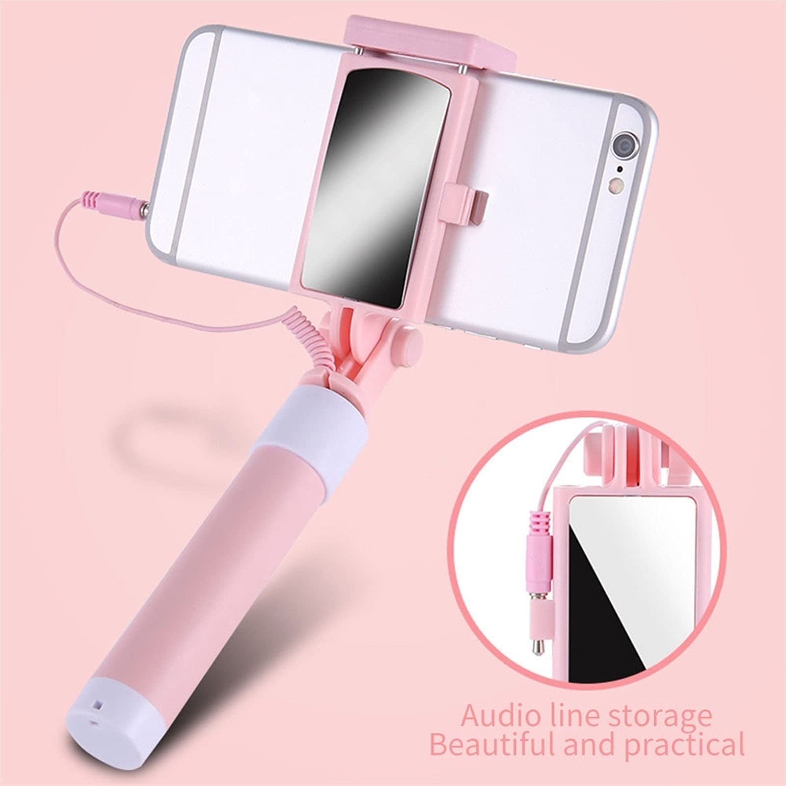SCRUBY Mini bastone per selfie, pieghevole, monopiede, specchio da 3,5 mm, controllo della linea audio (blu)