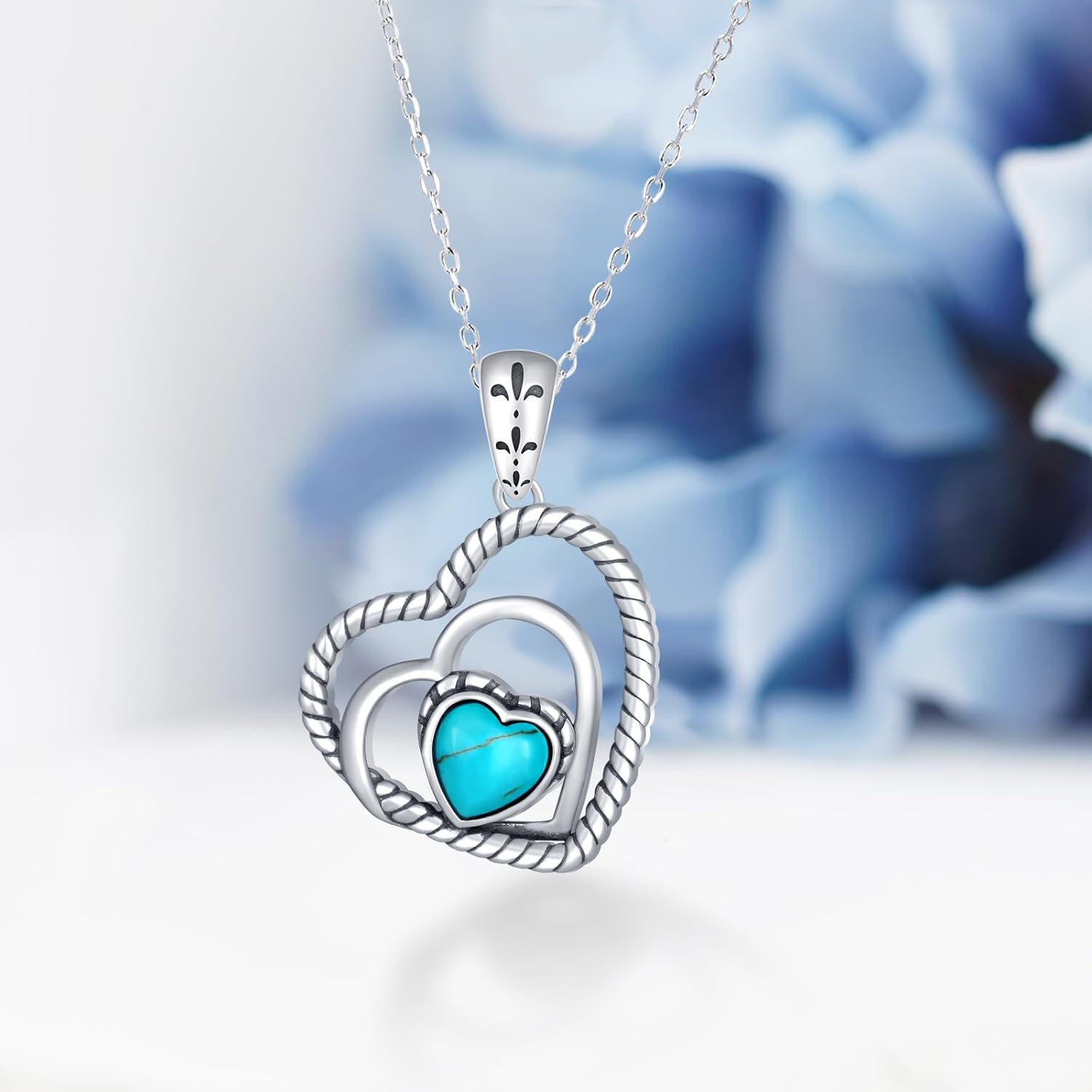 Sterling Silver Turquoise Heart Necklace for Women, 18 inches, Real Turquoise, Classic, Love, Valentine's Day