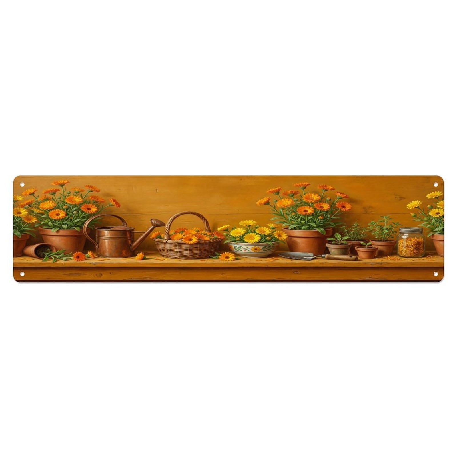 Floral Garden Tools Calendula Pot Pattern Print Metal Tin Sign