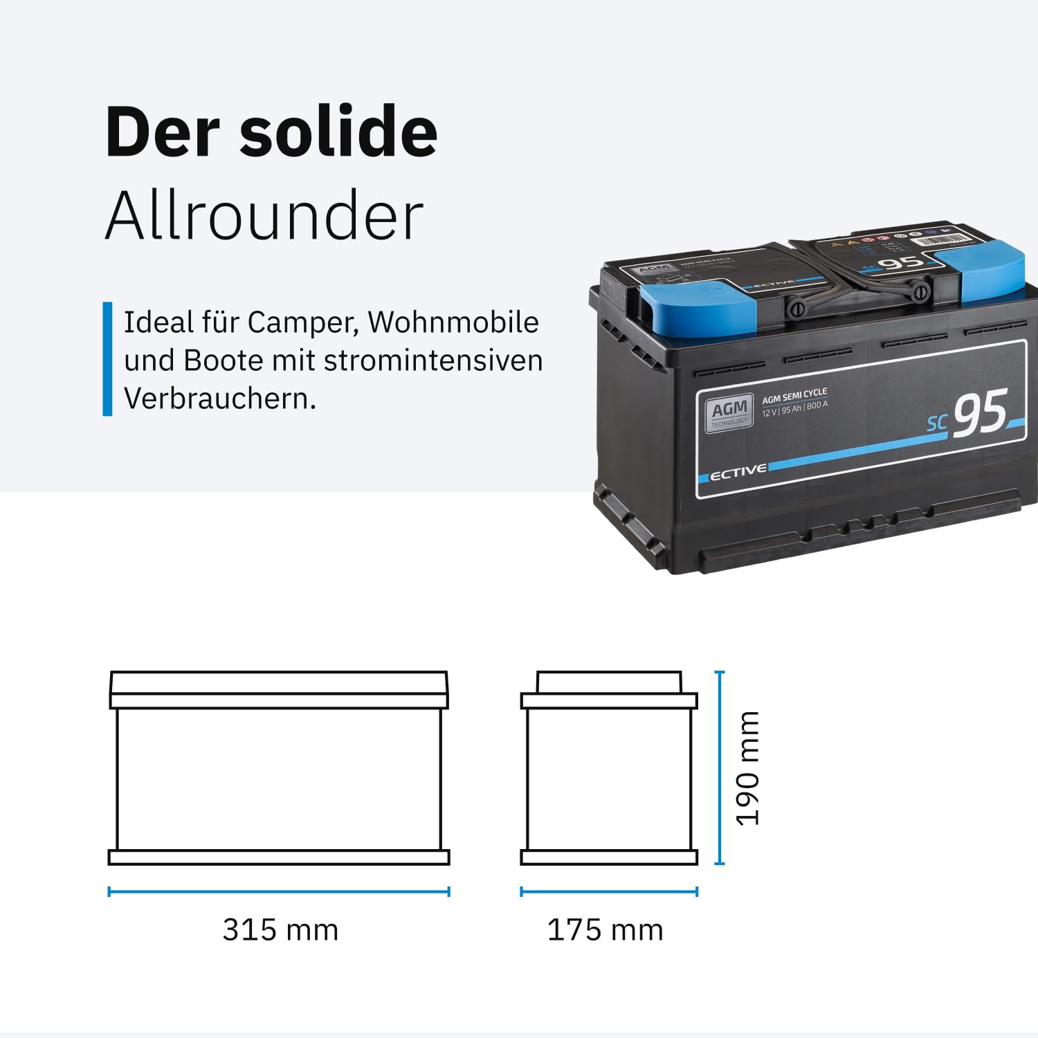 ECTIVE - AGM Semi Cycle Batterie SC95 12V 95Ah 800A - Starterbatterie & Versorgungsbatterie wartungsfrei - VRLA Start- & Aufbaubatterie für Autos, Boote, Van, Camper