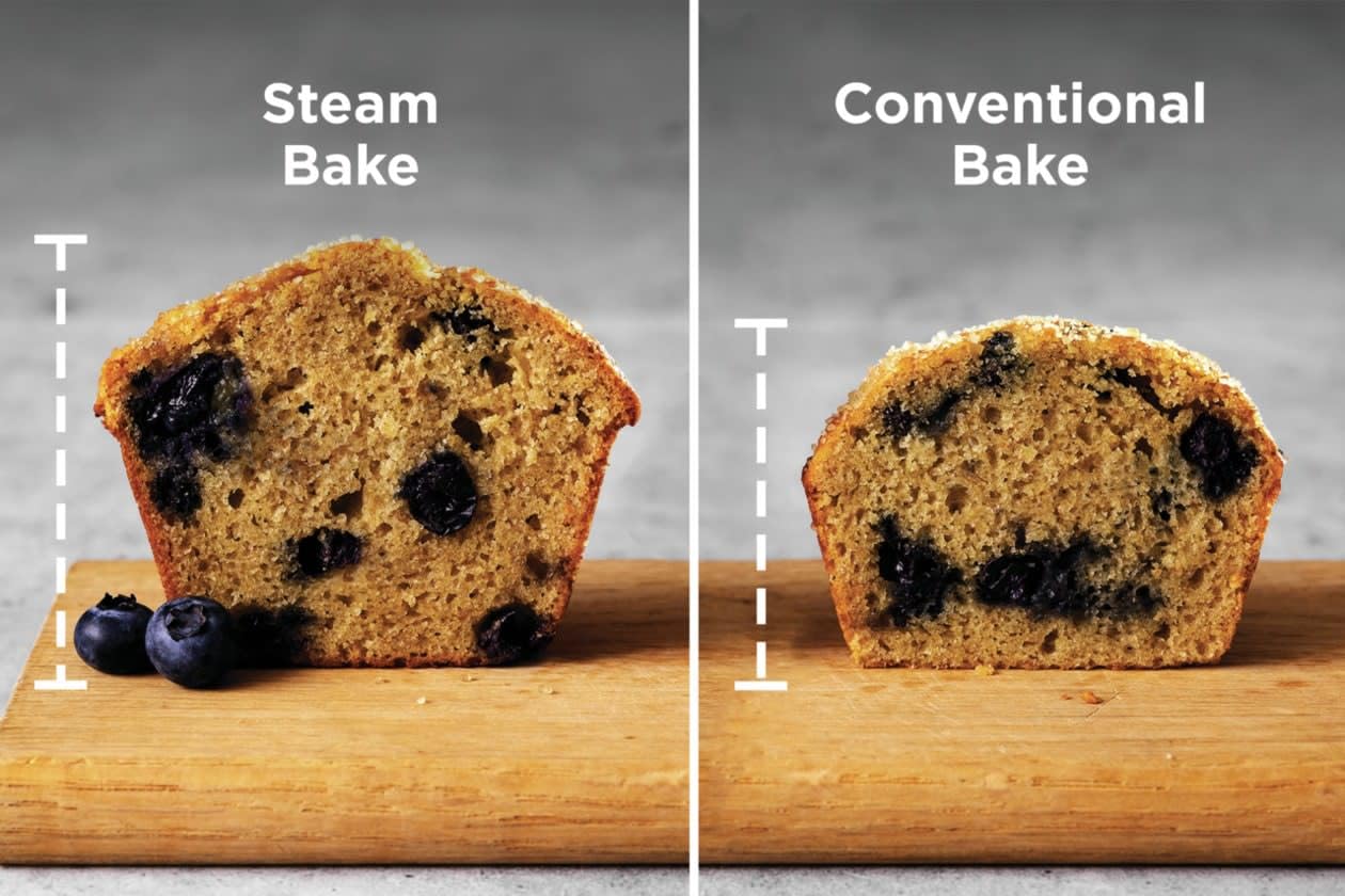 Comparison image showing a muffin baked with Steam Bake versus Conventional Bake, highlighting increased height with Steam Bake.