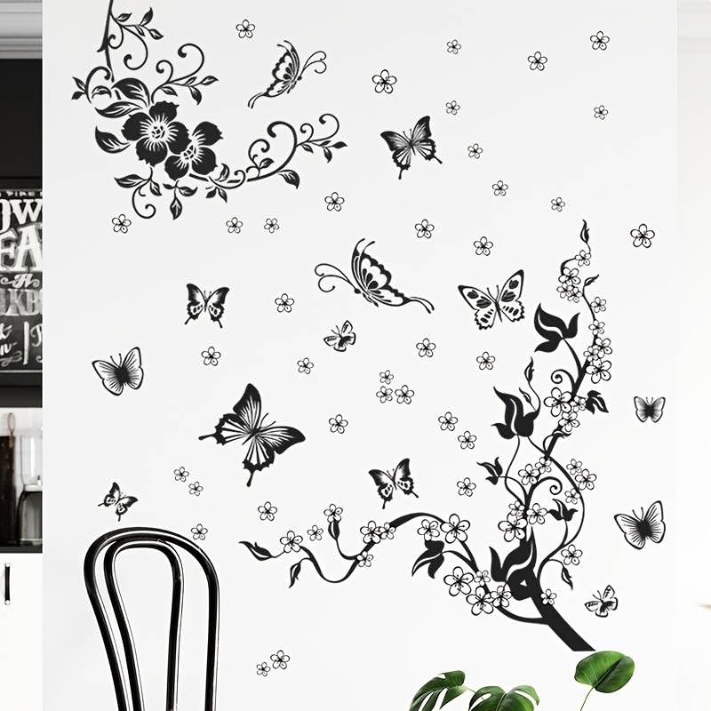Xtore Butterfly and Flower Design Wall Sticker for Home | Office | Kitchen Decor (Pack of 1, Black)