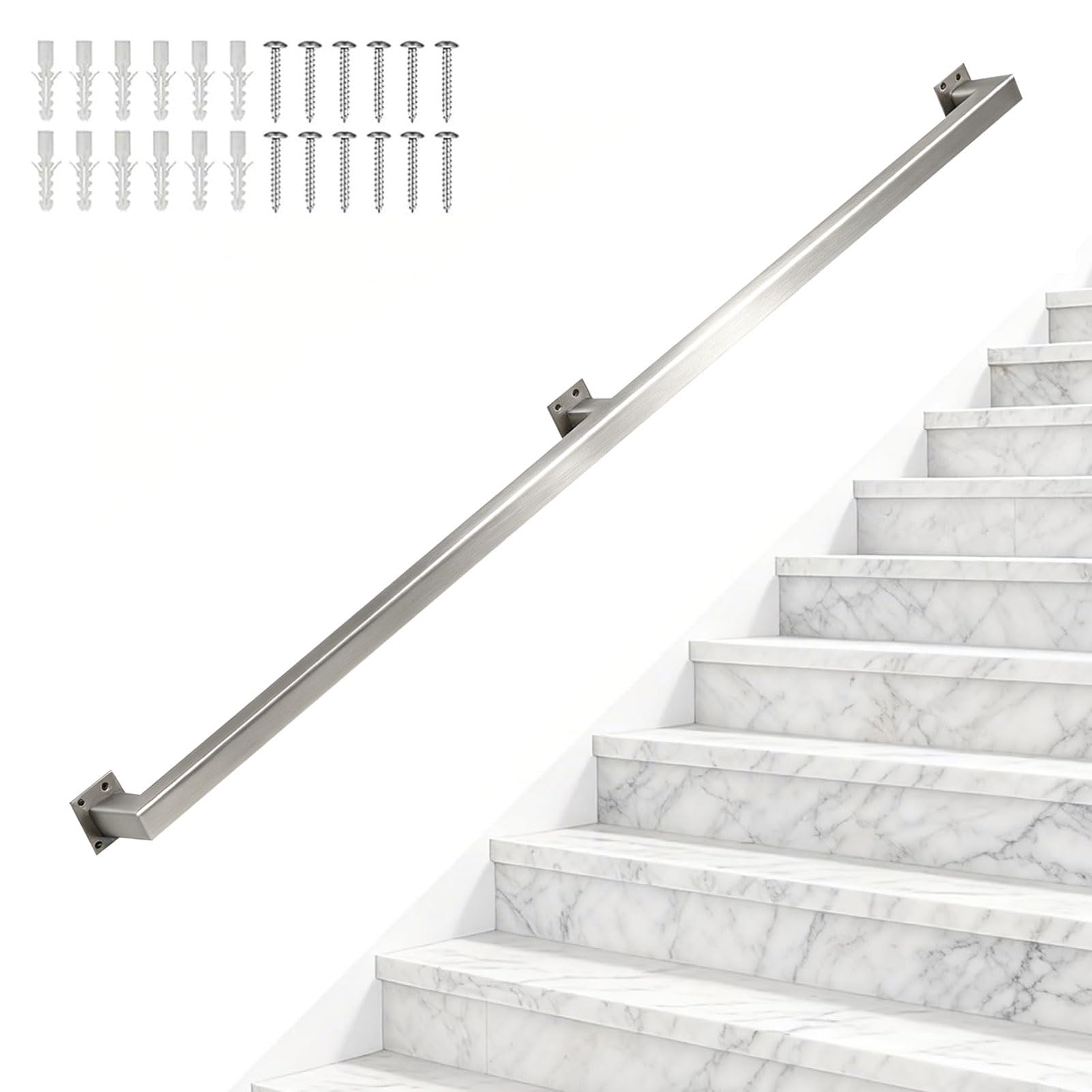 1ft-20ft Stairs Handrail - Complete Kit，Stainless Steel Square Tube Staircase Banister Handrail for Outdoor Steps Or Indoor Stairs，Wall Mount Hand Railings(9ft/270cm)