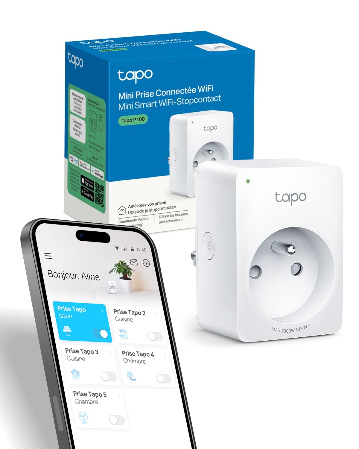 Tapo Prise Connectée WiFi Prise Intelligente Compatible avec Alexa et Google Home 10A Type E Contrôler Le radiateur la cafetière la Lampe à Distance Aucun hub requis Tapo P100(FR) 1 Pack