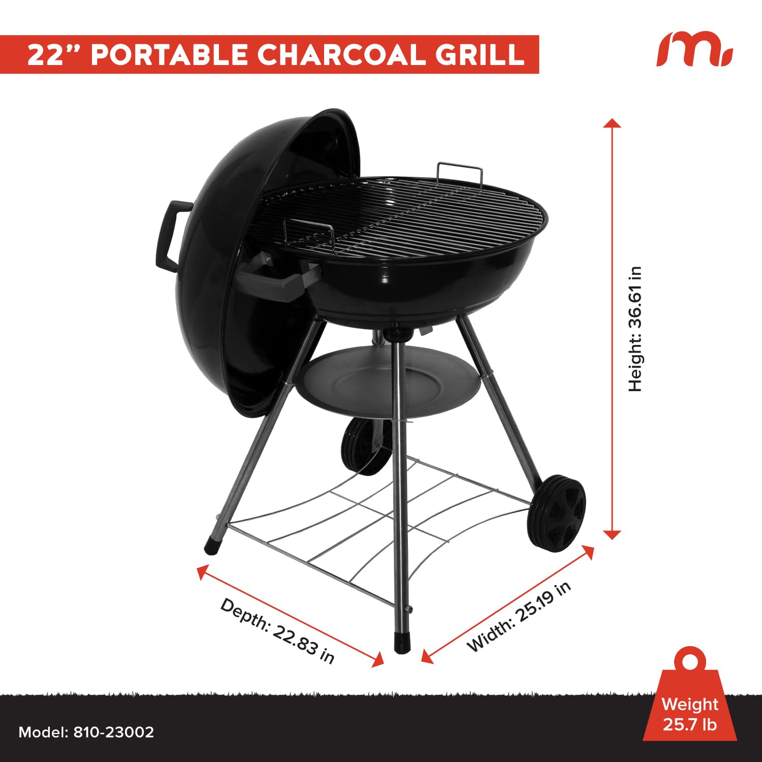 Megamaster 810-23002 kompaktowy grill na węgiel drzewny, 56 cm (354,81 m2), idealny do gotowania i grillowania na świeżym powietrzu, grilla, patio, tailgating, czarny, 810-23002
