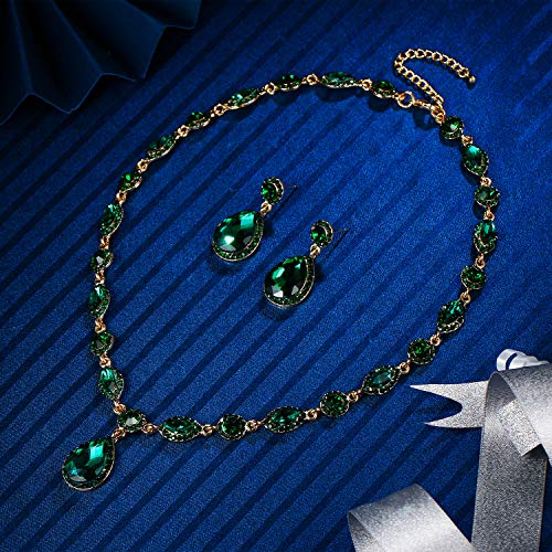 Elequeen Women's Wedding Bridal Jewelry Set For Brides Bridesmaids, Crystal Teardrop Necklace Dangle Earrings Jewellery For Party Prom Emerald Color #TOP3