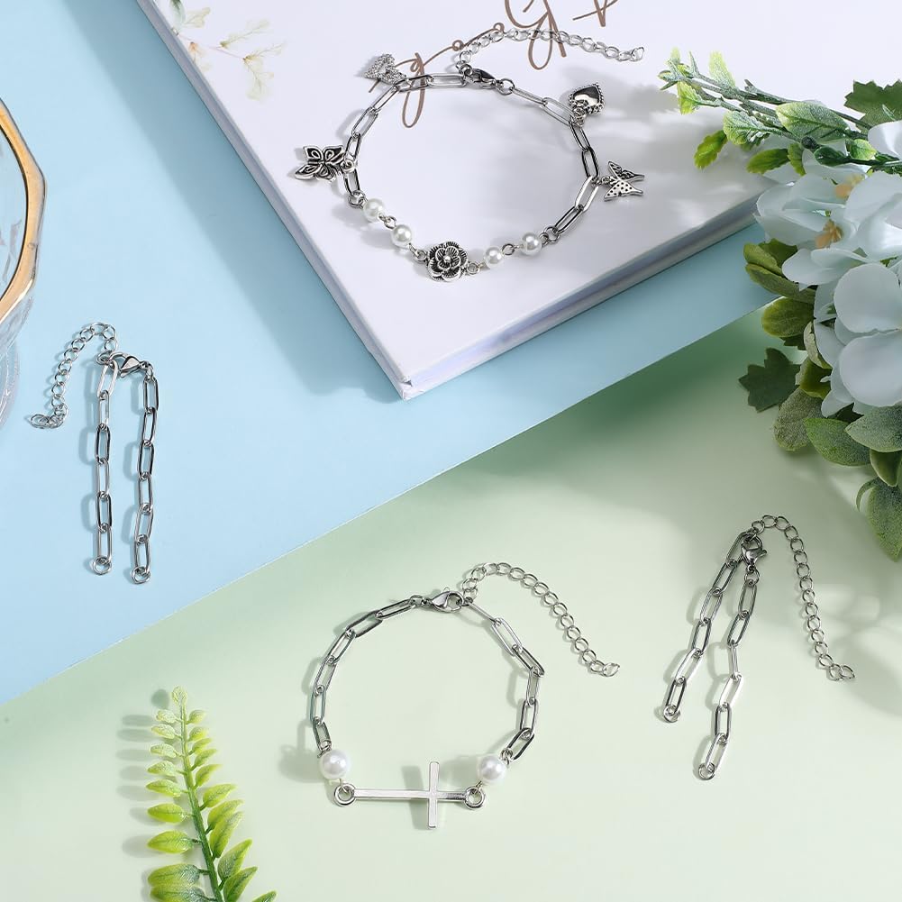 SUNNYCLUE 1 Box 12Pcs Adjustable Bracelet Chain Silver Open Bracelet Chains Stainless Steel Half Opening Bracelet Chains with Claw Clasp & Extension Chain for DIY Women Men Bracelets Jewelry Making - Image 4