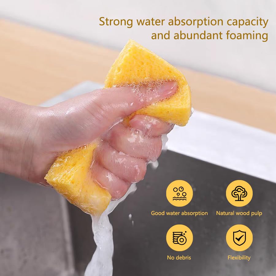 Image of Kaufibre Heavy Duty Cellulose Kitchen Sponges - Scratch-Free Super Absorbent for Dishes, Cast Iron Pans & Cookware, Reusable Multi-Surface Easy Rinse 3-Pack