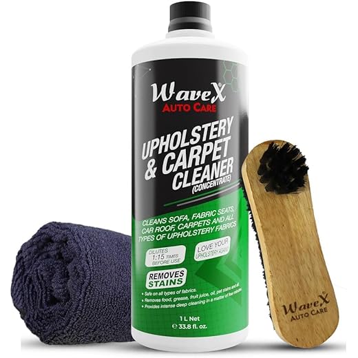 Wavex Upholstery & Carpet Cleaner (1L) | Can be used as a Car Interior Cleaner for Car Seat Cleaner, Sofa Cleaner, Carpet Cleaner, Car Roof Cleaner & More | Includes Cleaning Brush & Cloth