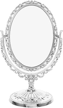 Vintage Vanity Makeup Mirror Small Desk Mirror Double-Sided Swivel Rotating Oval Silver Retro Style Decorative Dressing Table Accessory