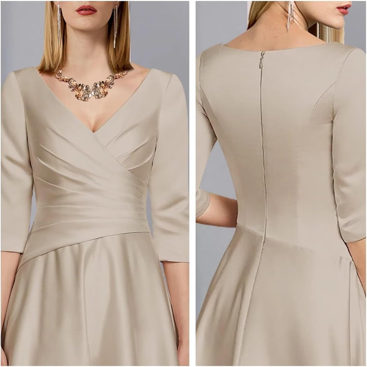 A Line Sleek Satin V Neck Tea-Length 3/4 Sleeve Wedding Guest Dresses for Women with Pleats LZ014 - Image 4