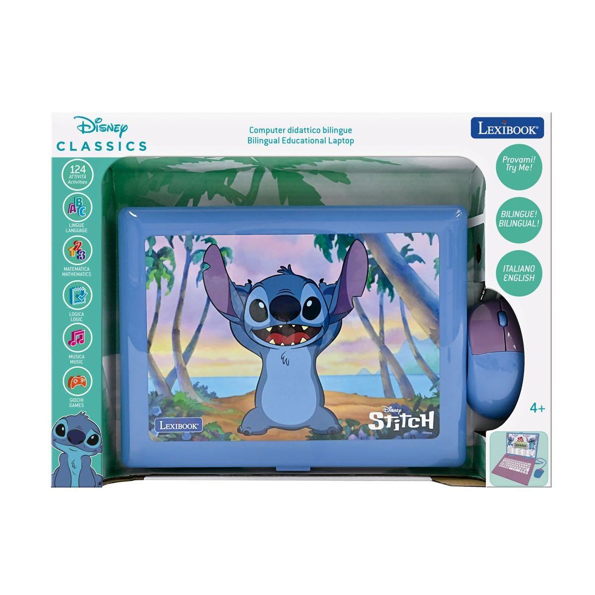 Lexibook, Disney Stitch, Computer educativo bilingue italiano/inglese, Giocattolo per bambini con 124 attività e giochi di lingua, scrittura, matematica, logica, musica, Viola/Blu, JC598Di5LXB