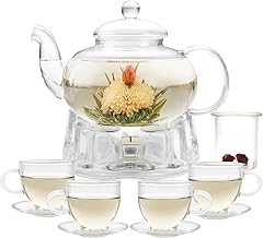Glass Teapot Set, 34OZ/1000ML Glass Tea Kettle with Loose Tea Infuser & Warmer, 5oz/150ML Tea Cup & Saucer Set of 4, Stovetop & Microwave Safe Tea Maker, Blooming Tea Gift Set For Women