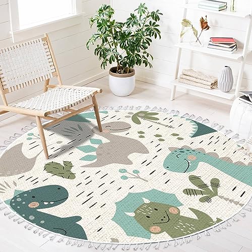 Image of DNEWYNPABV Round Rugs Dinosaur Baby boy Childish Sweet Dino with Palm and Cactus Boho Area Rug Linen and Cotton Carpet Meditation Rug Washable Hallway Runner Mat Accent Rug for Bedroom Bathroom 4ft