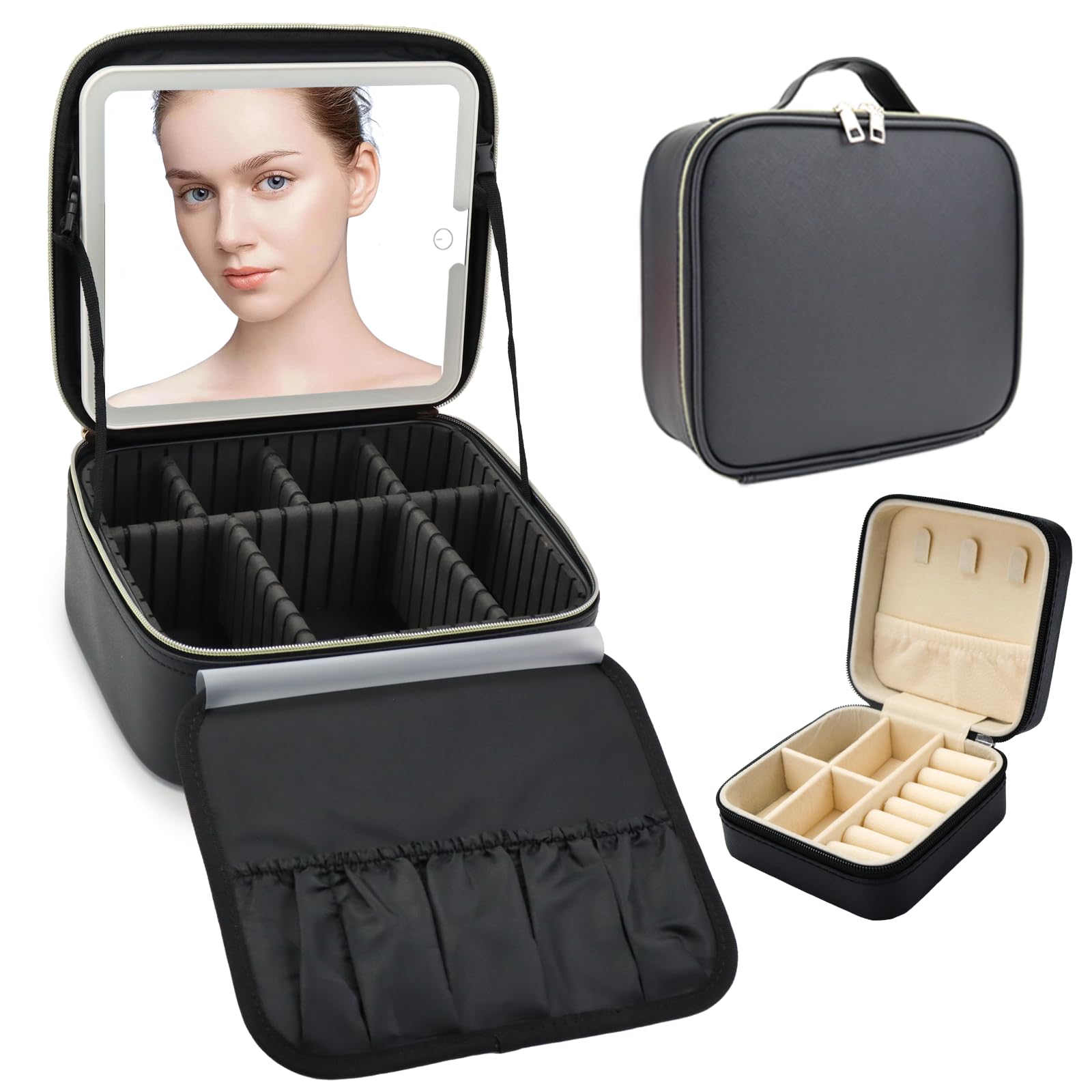 Reise-Make-up-Tasche mit LED-Spiegel mit 3 beleuchteten Einstellungen, verstellbaren Trennwänden, Make-up-Pinsel-Aufbewahrungstasche und Schmucketui, Schwarz