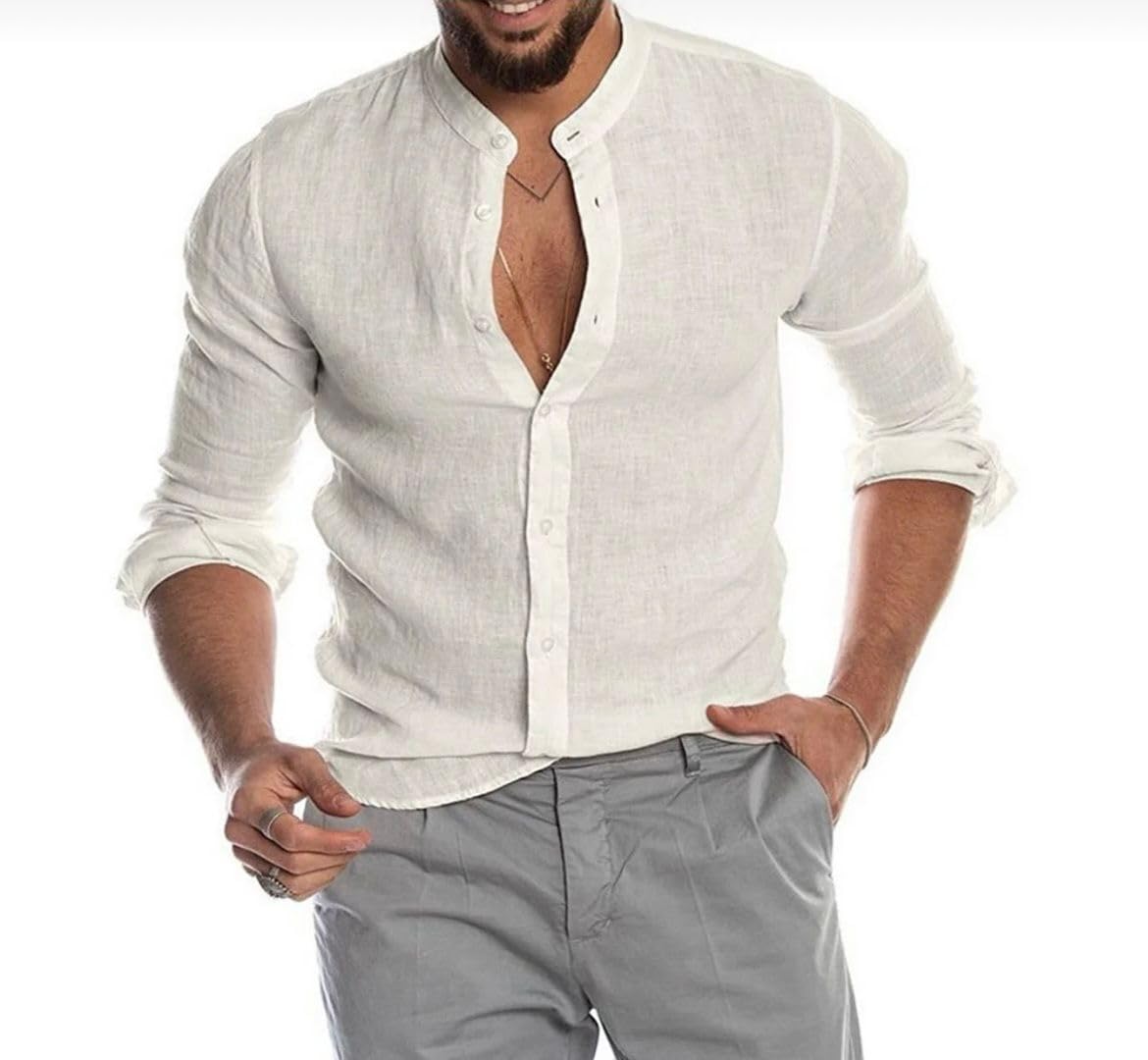 Genérico Camisa Hombre Camisa de Lino Camisa de Verano Camisa de Playa Negro Blanco Rosa Manga Larga Color sólido Cuello Hawaiano Festivos Ropa