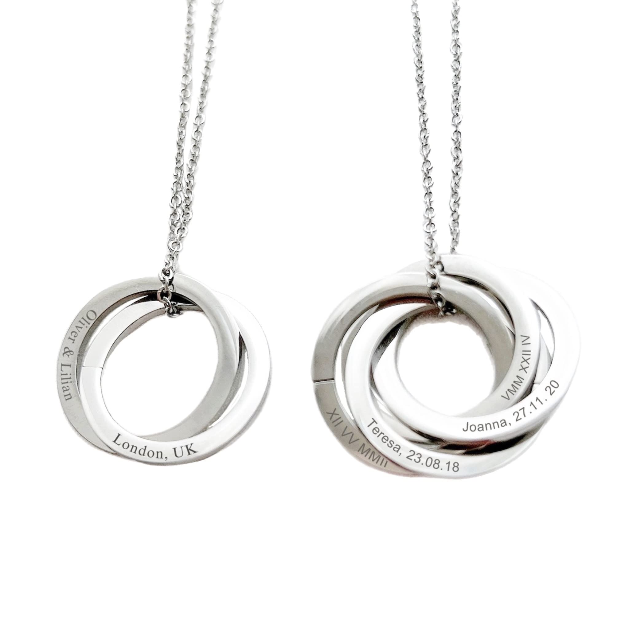 Dainty Engraved Linked Ring Necklace, Triple Double Interlocking Circle Necklace, Custom Family Necklace, Personalised Russian Ring Necklace, Engraved Linked Circle Charm Necklace, Gift for Mum