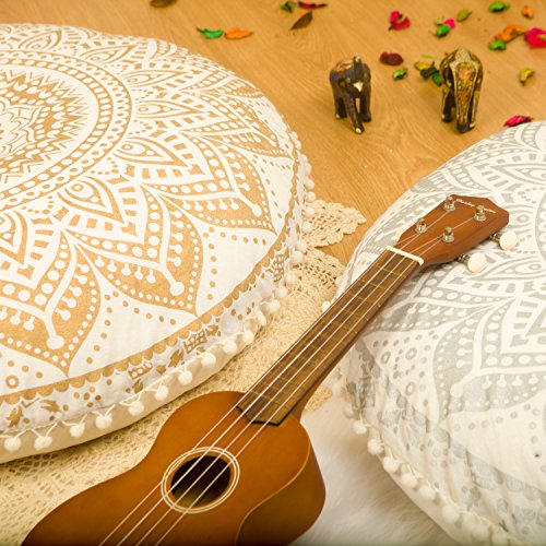 Mandala Life Art Bohemian Yoga Décor Floor Cushion Cover - Insert Not Included - Round Mediation Pillow Case - Hand Printed Organic Cotton Pouf #TOP7