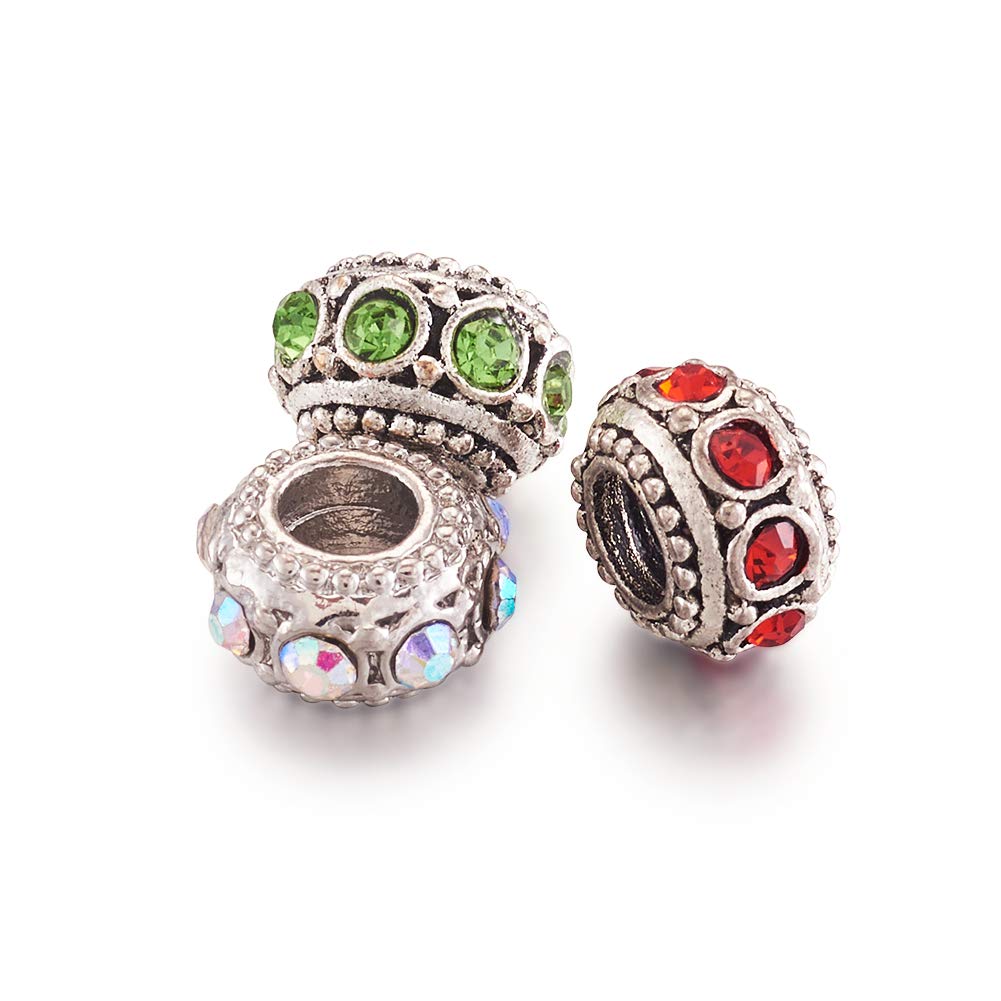 Cheriswelry 50pcs Crystal Zinc Alloy Rhinestone Beads Antique Silver Rondelle European Large Hole Charms Beads Mini Metal Loose Spacer Beads 10~12mm for DIY Bracelet Necklace Jewelry Making
