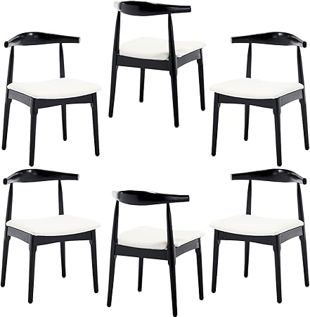Wood Dining Chairs Set of 6, Linen Fabric Dining Chairs with Open Curved Back, Mid Century Modern Dining Room Chairs Farmhouse Kitchen Chairs for Dining Room Restaurant -Black Wood Finish, Beige