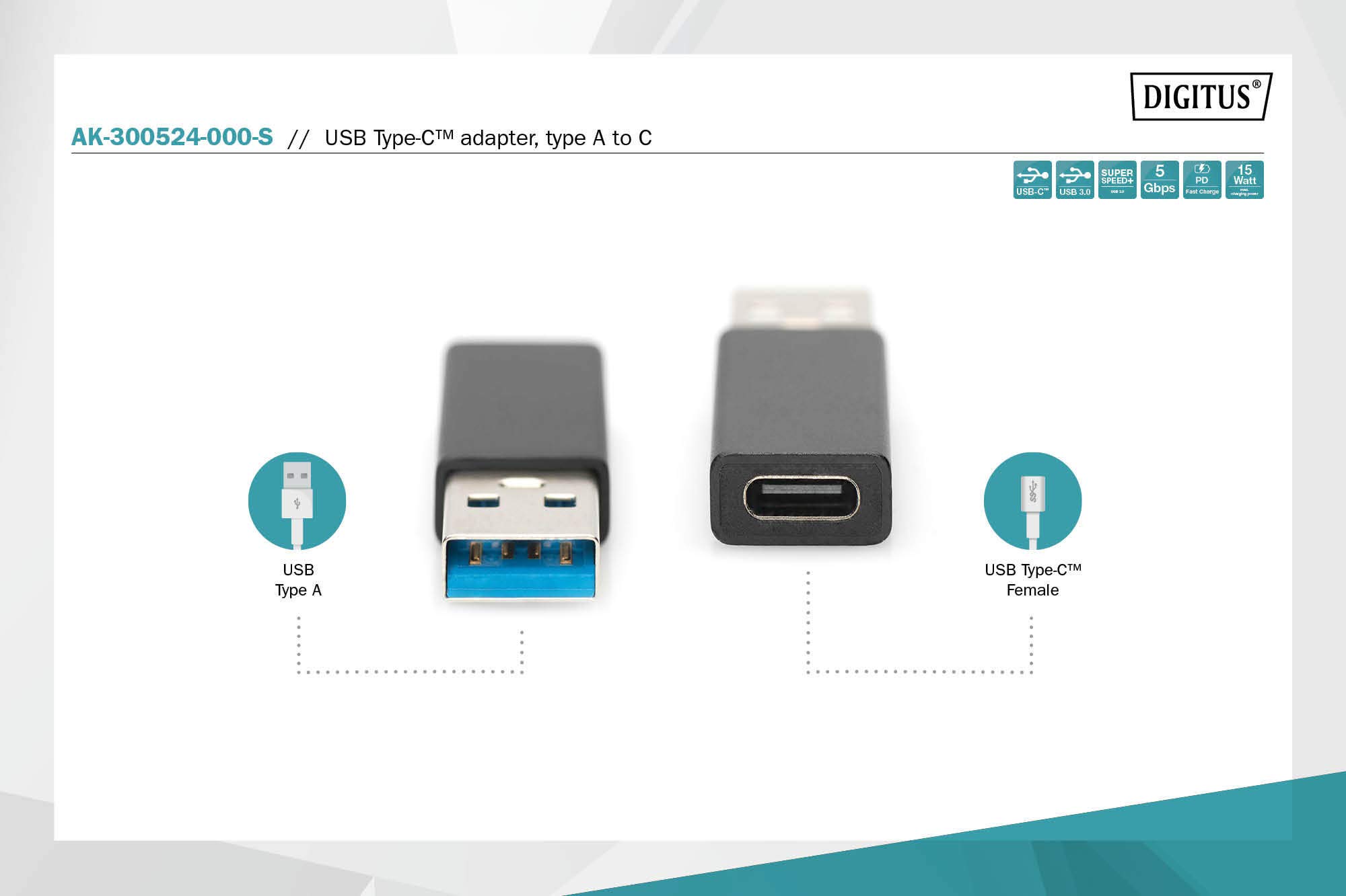 ASSMANN DIGITUS Adaptador USB 3.2 Gen1 - USB A (Macho) a Tipo C (Hembra) - 5 Gbit/s - Cable - Negro